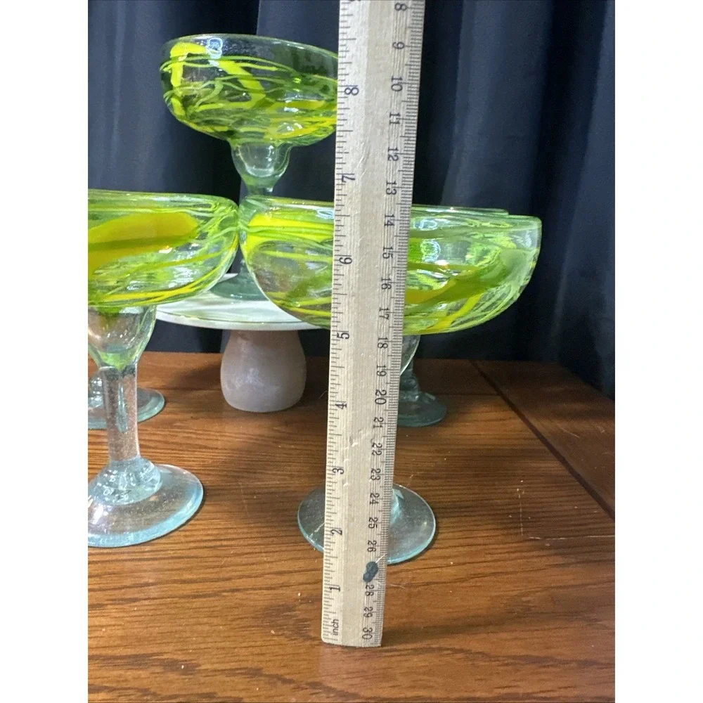 4 Margarita Glasses Hand Blown Recycled Mexican Yellow & Green Drizzle 6.5 